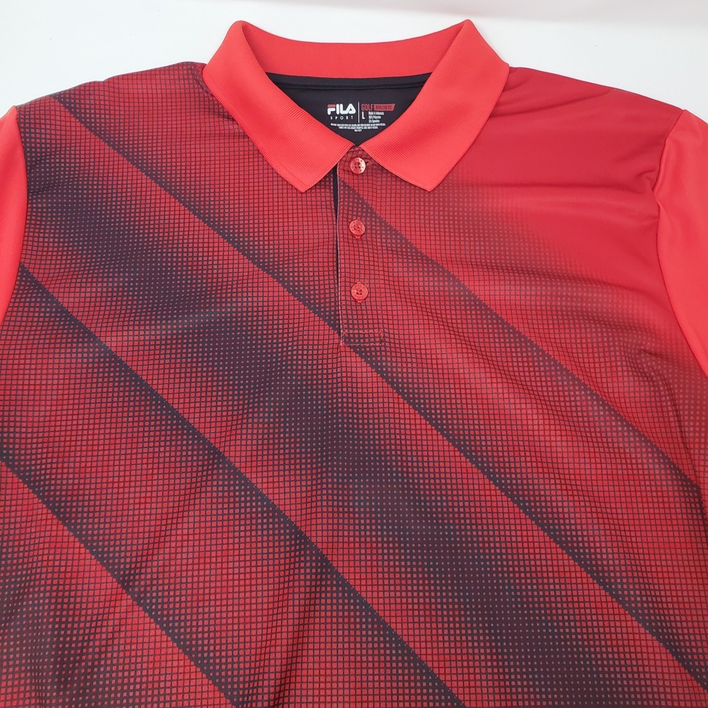 Fila Sport Polo Shirt Mens L Athletic Fit Red Black Diagonal Stripe Button Down
